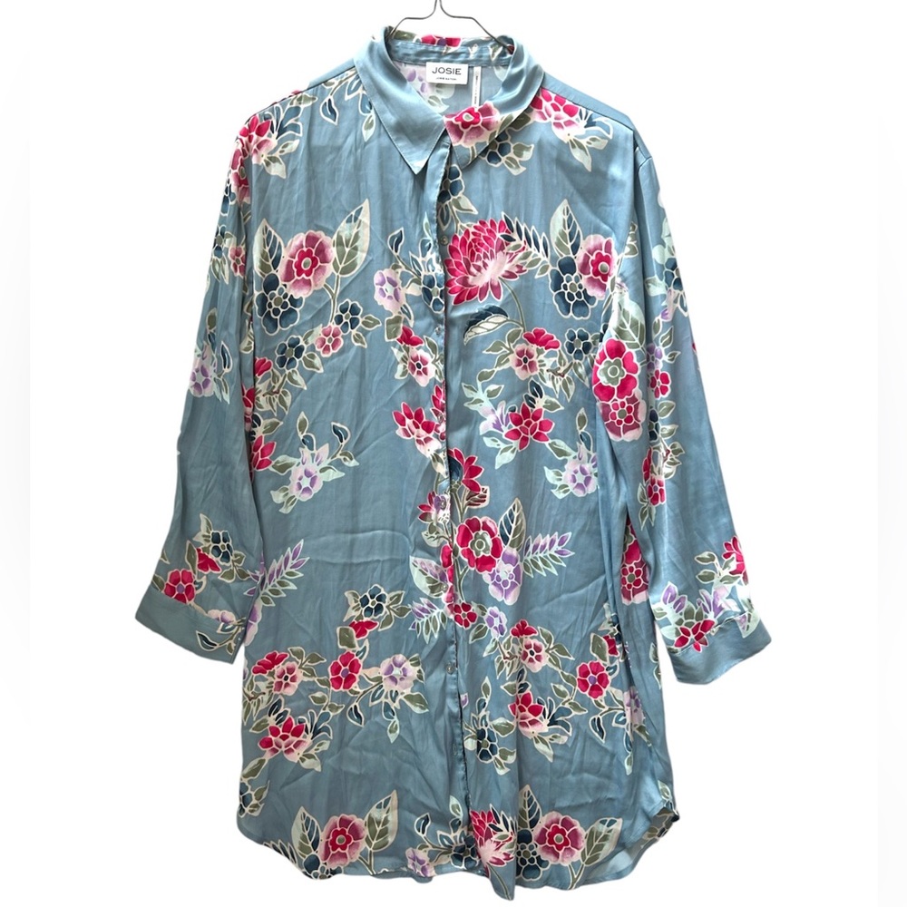 Josie Natori Sleepshirt Blue Pink Floral Button-Down Size Medium